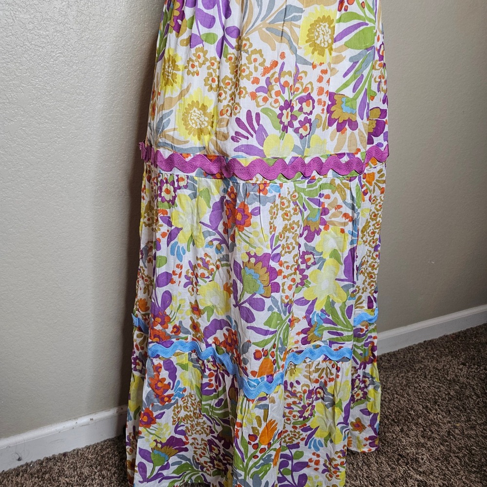 Fate Floral Tie Shoulder Ric Rac Trim Tiered Cotton Maxi Dress Small Multi Color - Picture 4 of 10